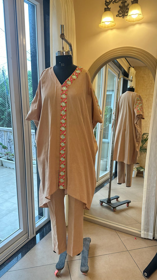 Beige Cotton Linen Kaftan Kurta Set